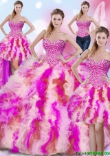 Gorgeous Sweetheart Rainbow Colored Detachable Quinceanera Dresses with Beading and Ruffles