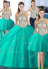 Exquisite Three for One Halter Top Embroideried Tulle Quinceanera Dresses in Turquoise