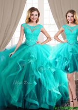 Modest Cap Sleeves Brush Train Tulle Detachable Quinceanera Dresses in Turquoise