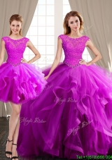 Cheap Beaded Ruffled and Applique Brush Train Removable Quinceanera Dresses in Tulle