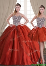 Top Seller Beaded Bodice Rust Red Detachable Quinceanera Dresses with Brush Train