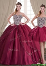 Fashionable Burgundy Brush Train Tulle Detachable Quinceanera Dresses with Beading