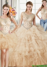 Hot Sale Scoop Champagne Detachable Quinceanera Dresses with Ruffles and Beading
