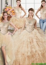 Best Selling Tulle Ruffled and Beaded Removable Quinceanera Dresses in Champagne