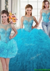 Perfect See Through Scoop Beaded and Ruffled Baby Blue Removable Quinceanera Dresses