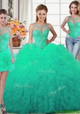 Designer See Through Turquoise Detachable Quinceanera Dresses with Beading and Ruffles