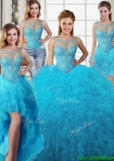 Unique See Through Scoop Tulle Detachable Quinceanera Dresses with Beading and Ruffles