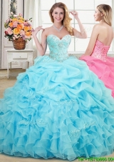 Lovely Aqua Blue Organza Quinceanera Gown with Ruffles and Beading