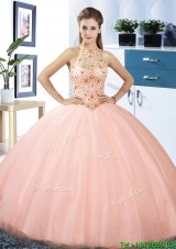 Puffy Skirt Halter Top Embroideried Bodice Tulle Quinceanera Dress in Peach