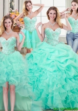 Most Popular Organza Apple Green Detachable Quinceanera Dresses with Ruffles and Beading