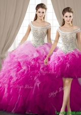 Beaded Bodice and Ruffled Off the Shoulder Detachable Quinceanera Dresses in Organza