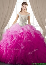 Fashionable Off the Shoulder Hot Pink Quinceanera Dress with Ruffles and Beading