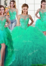 Wonderful Beaded and Ruffled Tulle Scoop Removable Quinceanera Dresses in Turquoise