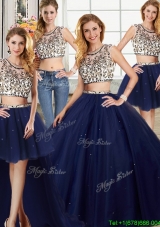 Exclusive See Through Brush Train Navy Blue Detachable Quinceanera Dresses in Tulle