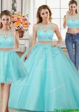 New Style Applique and Beaded Aquamarine Detachable Quinceanera Dresses with Brush Train