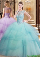 Fashionable Beaded and Ruffled Layers Scoop Quinceanera Dress in Light Blue