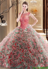 Affordable Beaded Rolling Flowers Red Quinceanera Dress with Brush Train
