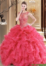 Classical See Through Scoop Coral Red Quinceanera Dress with Beading and Ruffles