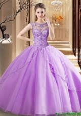 Latest See Through Brush Train Beaded Quinceanera Dress in Lavender
