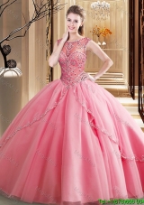 Popular See Through Brush Train Beaded Quinceanera Dress in Watermelon Red