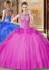 New Style Beaded and Ruffled Fuchsia Quinceanera Dress in Tulle and Sequins