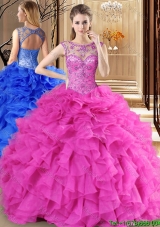 Elegant See Through Scoop Hot Pink Quinceanera Dress with Beading and Ruffles
