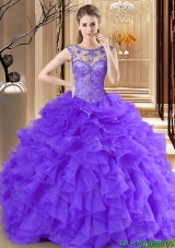 Lovely See Through Scoop Purple Quinceanera Dress with Beading and Ruffles