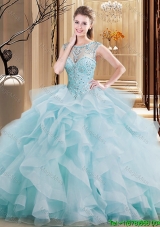 New Arrivals Brush Train Light Blue Quinceanera Dress with Beading and Ruffles