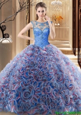 Fashionable Beaded Rolling Flowers Blue Quinceanera Dress with Brush Train