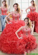 Luxurious See Through Rolling Flowers Coral Red Detachable Quinceanera Dresses with Beading and Ruffles