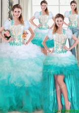 Lovely Sweetheart Applique and Beaded Ruffled Multi Color Detachable Quinceanera Dress with Brush Train
