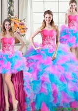 Luxurious Puffy Tulle and Organza Beaded and Ruffled Multi-color Detachable Quinceanera Dress with Zipper Up