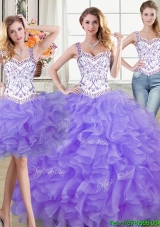 Two for One Straps Ruffled and Beaded Lavender Detachable Quinceanera Dress in Organza