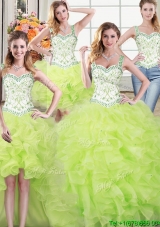 Wonderful Straps Ruffled and Beaded Yellow Green Detachable Quinceanera Dress in Organza