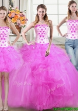 Two for One Puffy Beaded Applique and Ruffled Detachable Quinceanera Dress in Fuchsia