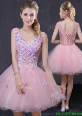 Princess V Neck Pink Short Prom Dress with Handcraft and Lace