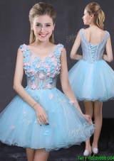 Beautiful A Line V Neck Organza Handcrafted Flowers Short Prom Dress in Light Blue