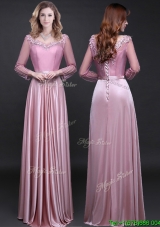 Elegant Pink V Neck Long Sleeves Prom Dress in Elastic Woven Satin