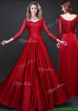 Cheap Wine Red V Neck Long Sleeves Prom Dress in Elastic Woven Satin