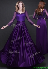 Pretty Purple V Neck Long Sleeves Prom Dress in Elastic Woven Satin