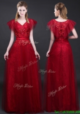 Zipper Up Short Sleeves Tulle and Lace Long Prom Dress in Wine Red