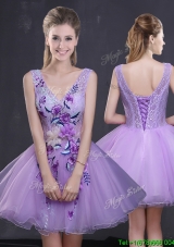 Luxurious Princess V Neck Lavender Prom Dress with Appliques and Lace