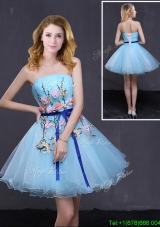 Latest Princess Strapless Applique and Belted Prom Dress in Blue