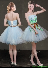 Beautiful Princess Strapless Applique and Belted Prom Dress in Light Blue
