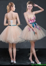 Best Princess Strapless Applique and Belted Prom Dress in Peach