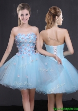 Fashionable Organza Sweetheart Light Blue Short Prom Dress with Appliques