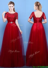 Cheap Scoop Tulle Beaded Wine Red Prom Dress with Short Sleeves