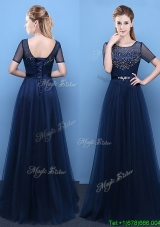 Pretty Scoop Tulle Beaded Navy Blue Prom Dress with Short Sleeves