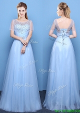 Lovely Scoop Tulle Beaded Light Blue Prom Dress with Short Sleeves