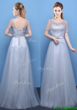 Affordable Scoop Tulle Beaded Grey Prom Dress with Short Sleeves